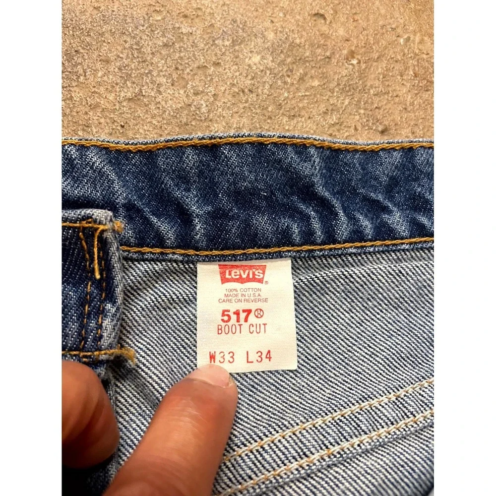 Vintage Levi's 517 Bootcut Jeans Mens 33x34 Blue Denim Distressed Cotton Raw Hem